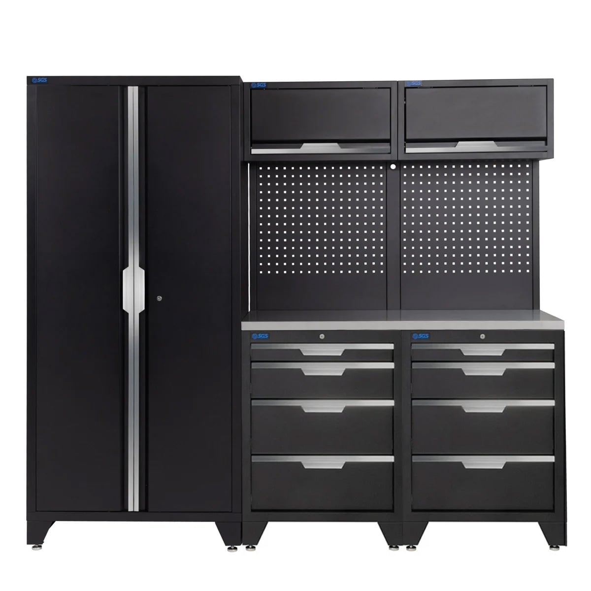 SGS 7pc Garage Storage System | 8 Drawers | Stainless Steel Worktop | 2x Upper Cabinets | Tall Double Cabinet